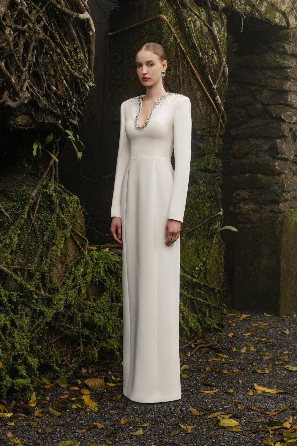 Crystal-Embellished Curved Neck Dress